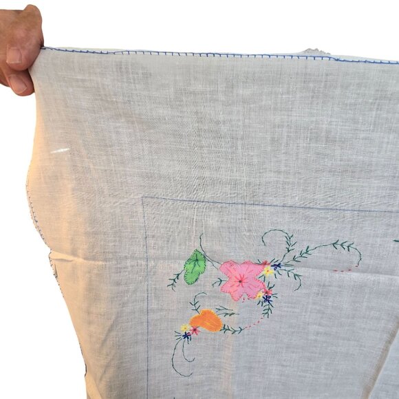 Vintage Embroidered Linen Tablecloth & Napkins Set With Floral Design JJ3968 - Picture 4 of 10